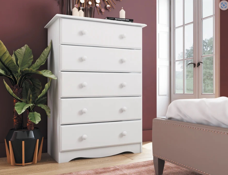 100% Solid Wood 5-Drawer Chest (WHITE COLOR) - Havilah Castle